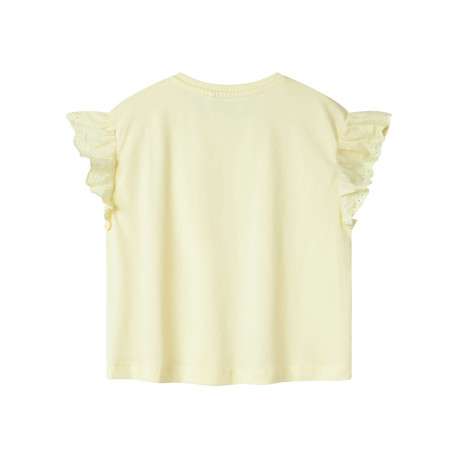 T-shirt en coton biologique jaune uni avec des manches à volants et un col rond - Image 2