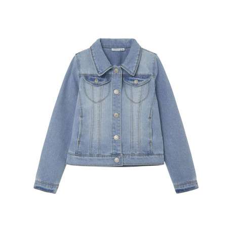 Blouson en jean en coton mélangé bleu stone uni avec un col à revers