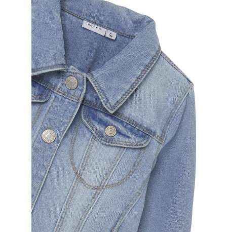 Blouson en jean en coton mélangé bleu stone uni avec un col à revers - Image 3