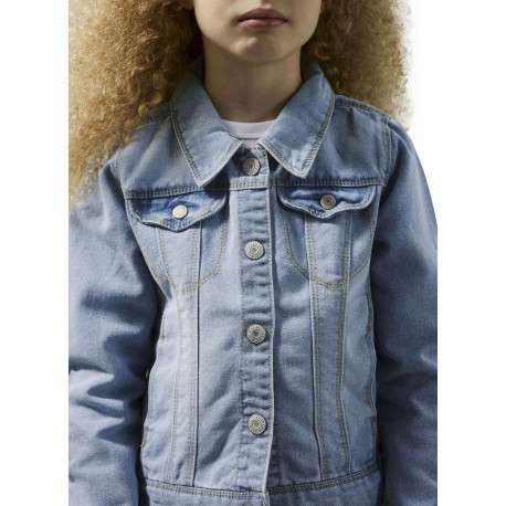 Blouson en jean en coton mélangé bleu stone uni avec un col à revers - Image 4