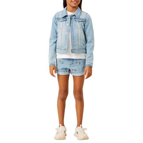 Blouson en jean en coton mélangé bleu stone uni avec un col à revers - Image 5