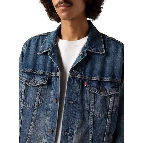 Blouson en jean en coton bleu uni avec un col à revers et des poches - Image 4