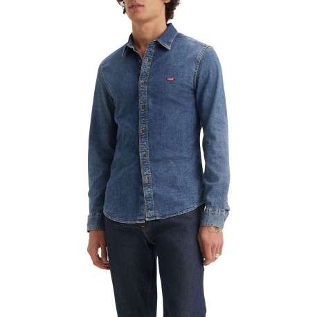 Chemise denim en coton mélangé bleue unie avec une coupe slim et le logo brodé