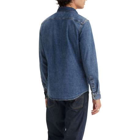 Chemise denim en coton mélangé bleue unie avec une coupe slim et le logo brodé - Image 2