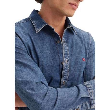 Chemise denim en coton mélangé bleue unie avec une coupe slim et le logo brodé - Image 3