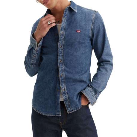 Chemise denim en coton mélangé bleue unie avec une coupe slim et le logo brodé - Image 4