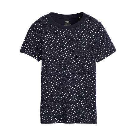 T-shirt en coton bleu marine à pois avec une coupe près du corps et un col rond