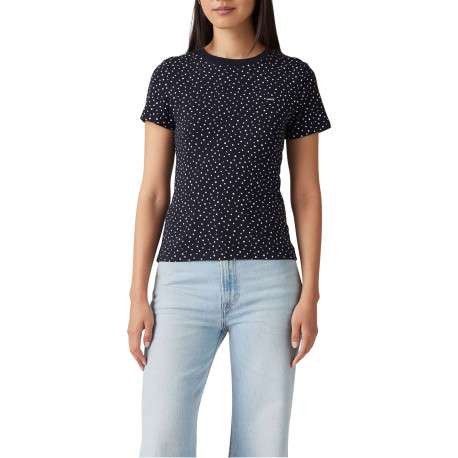 T-shirt en coton bleu marine à pois avec une coupe près du corps et un col rond - Image 3