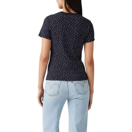 T-shirt en coton bleu marine à pois avec une coupe près du corps et un col rond - Image 4