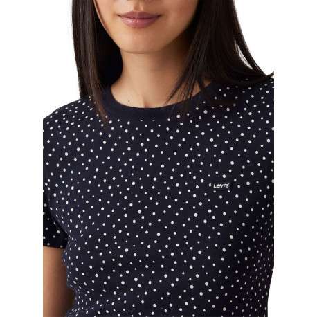 T-shirt en coton bleu marine à pois avec une coupe près du corps et un col rond - Image 5