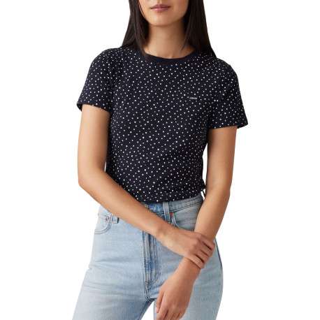 T-shirt en coton bleu marine à pois avec une coupe près du corps et un col rond - Image 6