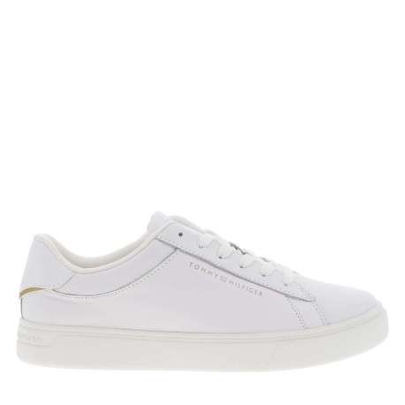 Tennis en cuir blanches à talon plat et à lacets plats avec détail doré - Image 2