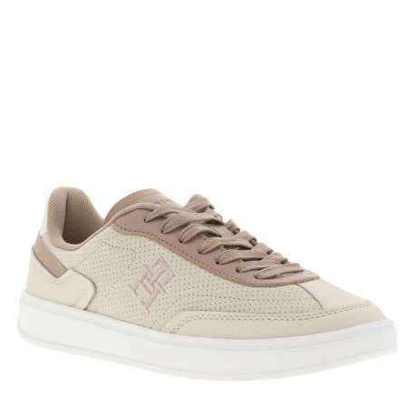 Tennis en cuir beige à talon plat et à lacets plats avec monogramme brodé - Image 3