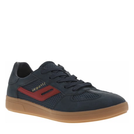 Sneakers en croûte de cuir marine à talon plat et à lacets plats ton sur ton