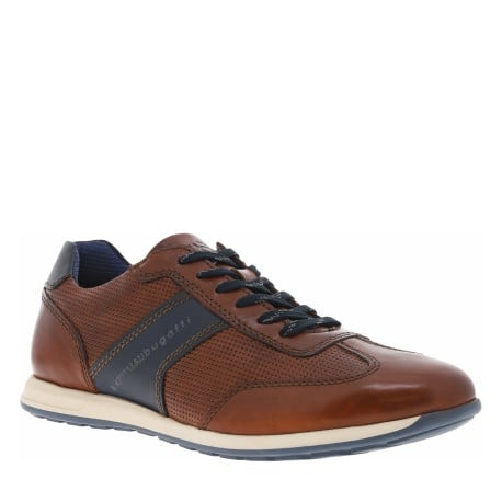 Sneakers en cuir cognac à talon plat et à lacets plats marine
