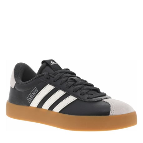 Tennis noires à talon plat et à lacets plats noirs avec bandes blanches