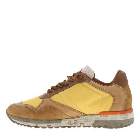 Baskets running en cuir jaune plates et lacets élastiqués ronds avec stoppeur