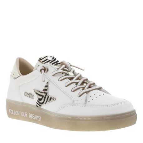 Tennis en cuir zebre plates à lacets élastiqués ronds et strass