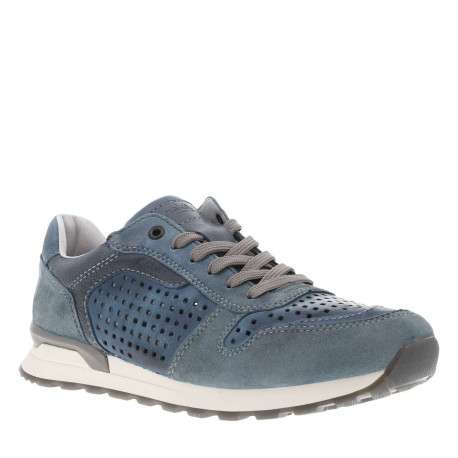 Sneakers en cuir bleu à talon plat et à lacets plats gris avec trous d'aération - Image 3