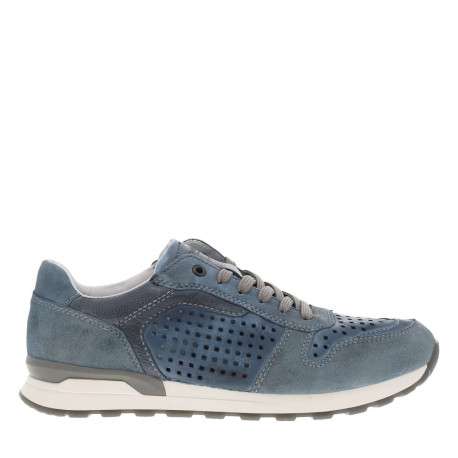 Sneakers en cuir bleu à talon plat et à lacets plats gris avec trous d'aération - Image 2