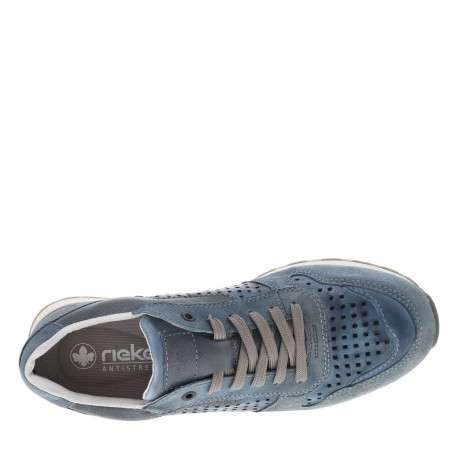 Sneakers en cuir bleu à talon plat et à lacets plats gris avec trous d'aération - Image 4