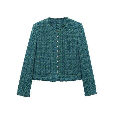 Blazer bleu imprimé avec une coupe droite à col rond et des poches