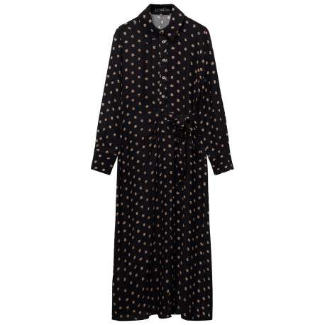 Robe longue noire imprimée avec une coupe droite à col français