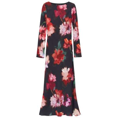Robe longue noire imprimée avec une coupe droite à col rond