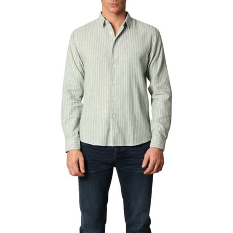 Chemise en coton et lin mélangé verte rayée avec une coupe droite 