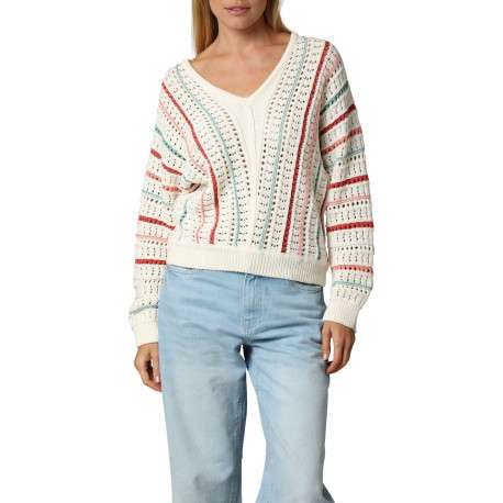 Pull en coton écru à rayures ajouré avec une coupe ajustée et un col v