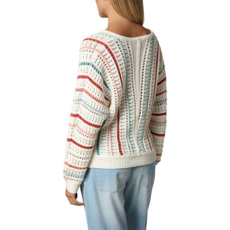 Pull en coton écru à rayures ajouré avec une coupe ajustée et un col v - Image 2