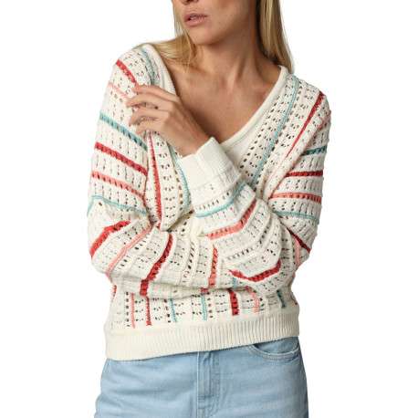 Pull en coton écru à rayures ajouré avec une coupe ajustée et un col v - Image 3