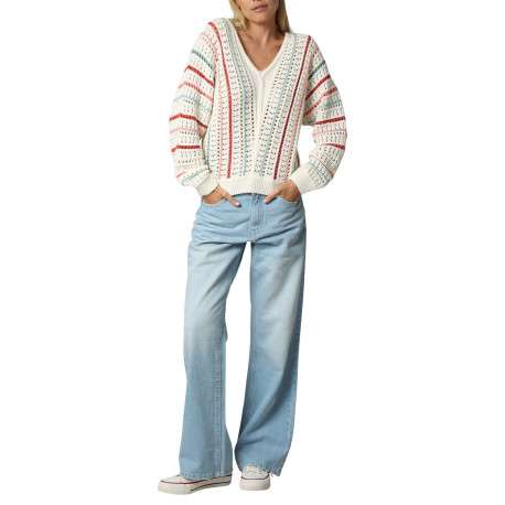 Pull en coton écru à rayures ajouré avec une coupe ajustée et un col v - Image 4