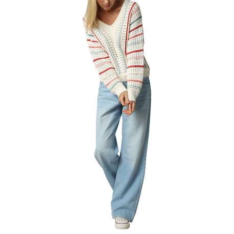 Pull en coton écru à rayures ajouré avec une coupe ajustée et un col v - Image 5
