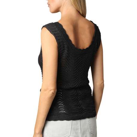 Débardeur noir uni en crochet ajouré avec une coupe ajustée et un col rond - Image 2