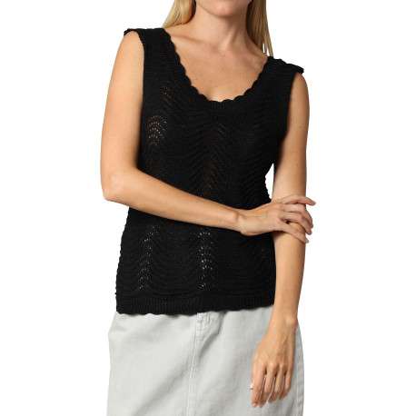 Débardeur noir uni en crochet ajouré avec une coupe ajustée et un col rond - Image 3