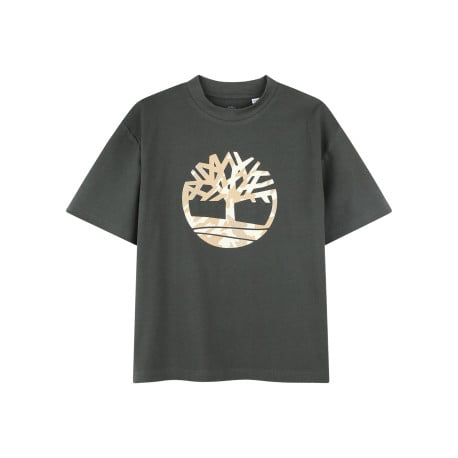 T-shirt en coton kaki à imprimé arbre à coupe droite et col rond