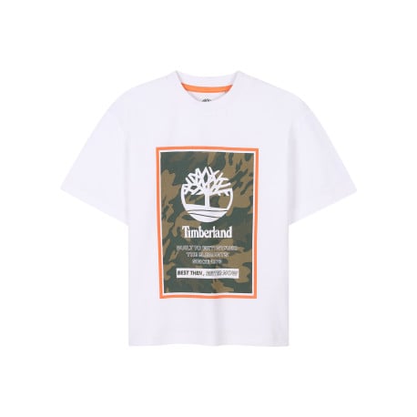 T-shirt en coton blanc à motif camouflage, coupe droite et col rond