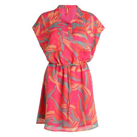 Robe courte tricolore avec un col à revers et à coupe fluide ajustée à la taille