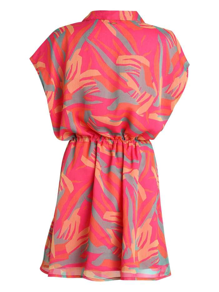 Robe courte tricolore avec un col à revers et à coupe fluide ajustée à la taille - Image 2