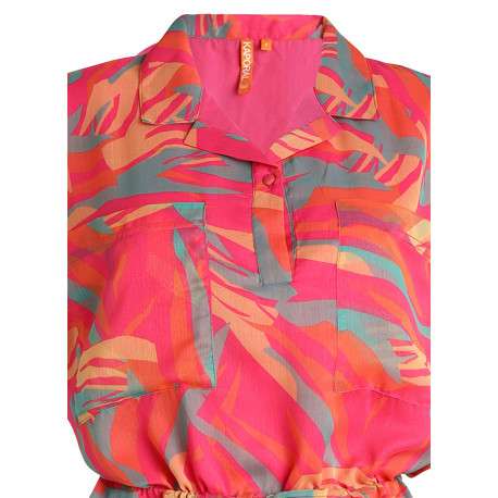 Robe courte tricolore avec un col à revers et à coupe fluide ajustée à la taille - Image 3