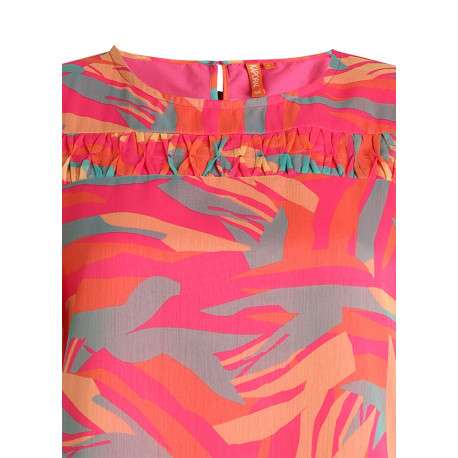 Blouse à manches courtes tricolore en voile avec un col rond et une coupe droite - Image 3