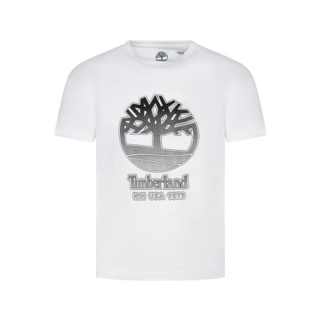 T-shirt manches courtes blanc en coton avec un col rond et logo imprimé en noir