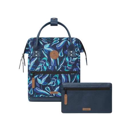 Sac à dos marine imprimé de feuilles avec logo iconique sur le devant
