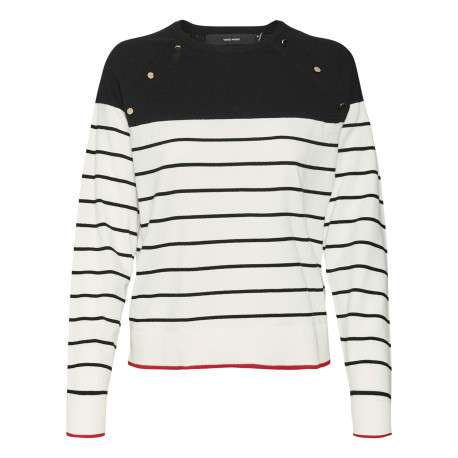Pull écru en coton mélangé à rayures noires avec un col rond et une coupe droite