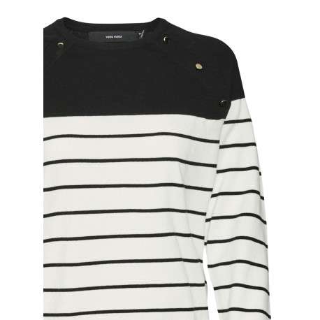Pull écru en coton mélangé à rayures noires avec un col rond et une coupe droite - Image 2