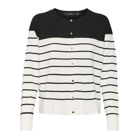 Cardigan en coton mélangé écru à rayures noires avec une coupe droite et boutons
