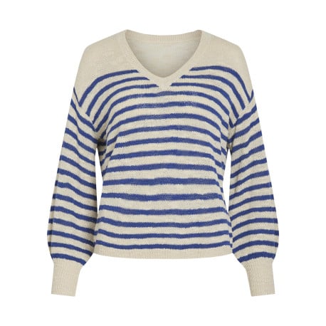 Pull bleu rayé avec une coupe droite à col v et des manches longues