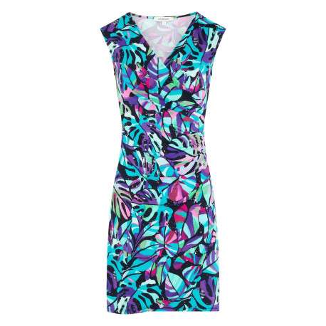Robe courte bleue fleurie à coupe ajustée avec un col cache-coeur
