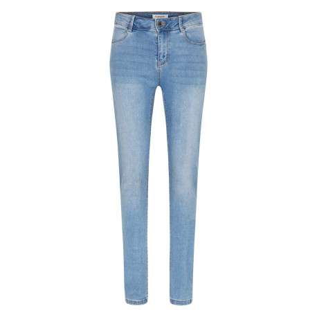 Jean en coton mélangé bleu délavé avec une coupe slim et surpiqûres beiges